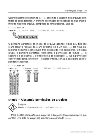 Segurança de Acesso 47
Quando usamos o comando l s - 1, obtemos a listagem dos arquivos com
todos os seus detalhes. A primeira informação corresponde ao que chama-
mos de modo do arquivo, composto de 1Ocaracteres. Veja só:
$ 1 s - 1 dica.sh
·rwxr·-r·· 1 jneves ssup 260 Mar 12 2002 d i c a . sh
O primeiro caractere do modo do arquivo apenas indica seu tipo (se
é um arquivo regular, se é um diretório, se é um link, ...). Os nove ca-
racteres seguintes constituem três grupos de três caracteres. Em cada
grupo, o primeiro caractere representa a permissão de leitura r , o
segundo a de escrita vi e o terceiro a de execução x . Se a permissão
estiver desligada, um hífen - é apresentado, senão o caractere corres-
pondente aparece.
$ 1 s -1 dica . sh
·rWX.t:--r·· 1 j neves ssup 260 Mar 12 2002 d ica . sh
chmod - Ajustando permissões de arquivos
Sintaxe:
chmod st.ring - de- acesso ! , . . . ] a r qui vo .. .
Para ajustar permissões em arquivos e diretórios (que é um arquivo que
contém uma lista de arquivos), utilizamos o comando chmod.
Material com direitos autorais
 