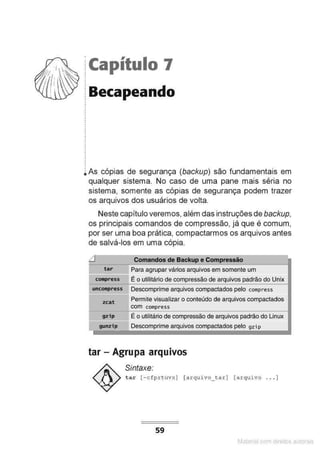 jCapítulo 7
:Becapeando
.
.
•
•
.
.
.
.
.
~As cópias de segurança (backup) são fundamentais em
qualquer sistema. No caso de uma pane mais séria no
sistema, somente as cópias de segurança podem trazer
os arquivos dos usuários de volta.
Neste capítulo veremos, além das instruções de backup,
os principais comandos de compressão, já que é comum,
por ser uma boa prática, compactarmos os arquivos antes
de salvá-los em uma cópia.
ti Comandos de Backup e Compressão
tar Para agrupar vários arquivos em somente um
c011press É o utilitário de compressão de arquivos padrão do Unix
uncompress Descomprime arquivos compactados pelo compress
zcat Permite visualizar o conteúdo de arquivos compactados
com compress
gzip É o utilitário de compressão de arquivos padrão do Linux
gunzip Descomprime arquivos compactados pelo gzi p
I
tar- Agrupa arquivos
Sintaxe:
tar ( - cfprtuvx] [arquivo_ t ar] (arqui vo . . . ]
59
Matcnal com direitos al•tora1s
 