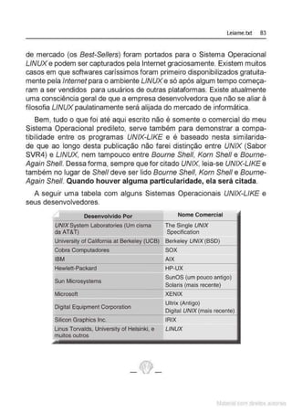 Leiame.txt 83
de mercado (os Best-Se//ers) foram portados para o Sistema Operacional
LINUXe podem ser capturados pela Internet graciosamente. Existem muitos
casos em que softwares caríssimos foram primeiro disponibilizados gratuita-
mente pela Internet para o ambiente LINUXe só após algum tempo começa-
ram a ser vendidos para usuários de outras plataformas. Existe atualmente
uma consciência geral de que a empresa desenvolvedora que não se aliar à
filosofia LINUX paulatinamente será alijada do mercado de informática.
Bem, tudo o que foi até aqui escrito não é somente o comercial do meu
Sistema Operacional predileto, serve também para demonstrar a compa-
tibilidade entre os programas UNIX-LIKE e é baseado nesta similarida-
de que ao longo desta publicação não farei distinção entre UNIX (Sabor
SVR4) e LINUX, nem tampouco entre Boume She/1, Kom She/1 e Boume-
Again She/1. Dessa forma, sempre que for citado UNIX, leia-se UNIX-LIKE e
também no lugar de She/1 deve ser lido Boume She/1, Kom She/1 e Boume-
Again She/1. Quando houver alguma particularidade, ela será citada.
A seguir uma tabela com alguns Sistemas Operacionais UNIX-LIKE e
seus desenvolvedores.
/ Desenvolvido Por Nome Comercial
UNIX System Laboratories (Um cisma The Single UNIX
da AT&T) Specification
University of Califomia at Berkeley (UCB)...2:!~~Y...!:!_
U0!_
N~
IX
~
o~
"'~
Jt.__~
Cobra Computador;;,:
es
== SOX
IBM AIX
Hewlett-Packard HP-UX
SunOS (um pouco antigo)
Solaris ·recente)
Sun Microsystems
Microsoft XENIX
Ultrix (Antigo)
UNIX " "''" recente)
Digital Equipment Corporation
Silicon Graphics Inc. IRIX
Linus Torvalds, University of Helsinki, e LINUX
muitos outros
Matenal çom d1re1tos at•tora1s
 