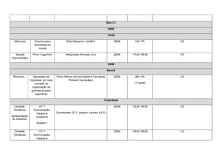 Sala C3

                                                                                28/06

                                                                               Tarde

  Minicurso        Cinema como               Érika Savernini (UniBH)                28/06     13h-17h     C3
                   documento no
                      mundo

  Sessão          Filme “Lagoinha”          Melquíades Almeida Lima                 28/06   17h30-18h30   C3
Documentário

                                                                                29/06

                                                                               Manhã

 Minicurso        Operações de       Flavio Nehrer (UniverCidade e Faculdade        29/06     09h-13h     C3
                Imprensa: um novo              Pinheiro Guimarães)
                    conceito na                                                              (1ª parte)
                  organização de
                 grandes eventos
                     esportivos

                                                                          Tarde/Noite

  Divisões            DT 7                                                          29/06   13h30-16h30   C3
 Temáticas        Comunicação,
                    Espaço e         Coordenador DT7: Joaquim Lannes (UFV)
Apresentação       Cidadania
 de trabalhos
                     Sessão 1


  Divisões            DT 7                                                          29/06   16h30-18h30   C3
 Temáticas        Comunicação,
                    Espaço e
 