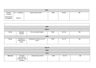 Noite

  Divisões      DT 1 – Jornalismo           Iluska Coutinho (UFJF)                 29/06    19h-22h    C4
 Temáticas

Apresentação
 de trabalhos       Sessão 2




                                                                         30/06

                                                                         Manhã

      Oficina            Narração           Ênio Lima (Rádio Itatiaia)             30/06    10h-12h    C4
                         Esportiva

                                                                         Tarde

      Oficina          Produção em        Ruleandson do Carmo Cruz (TV             30/06    13h-17h    C4
                       Telejornalismo                UFOP)
                           Diário



                                                                         Sala C5

                                                                          28/06

                                                                         Tarde

    Minicurso             Formação            Ubiratan Vieira (UFOP)                28/06    14h-17h    C5
                        continuada de
                      professores: “Não
                          exclusão e
 