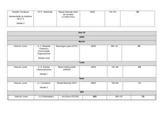 Divisões Temáticas        DT 5 - Multimídia       Raquel Salomão Utsch             30/06     13h-17h         C8
                                                          de Carvalho
Apresentação de trabalhos                               (CCNM/UFMG)
        da DT 5

        Sessão 2



                                                                            Sala C9

                                                                             29/06

                                                                            Manhã

     Intercom Junior         IJ- 3 Relações        Boanerges Lopes (UFJF)              29/06     09h-13h         C9
                                Públicas e
                              Comunicação
                             Organizacional

                             Sessão única

                                                                             Tarde

     Intercom Junior          IJ -8 Estudos          Maria Cristina Gobbi              29/06      14h-18h        C9
                            Interdisciplinares            (UNESP)

                                Sessão 1

                                                                             Noite

     Intercom Junior        IJ-1 Jornalismo        Renata Rezende (UFF)                29/06      19h-22h        C9

                                Sessão 3

                                                                             30/6

      Intercom Junior         IJ-2 Publicidade e         Ary Rocco (FECAP)               30/6         09h-13h         C9
 