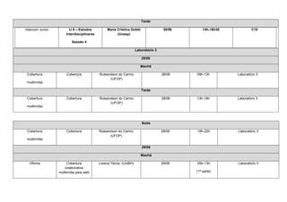 Tarde

Intercom Junior         IJ 8 – Estudos          Maria Cristina Gobbi                30/06       14h-16h30           C10
                      Interdisciplinares              (Unesp)

                          Sessão 4

                                                                   Laboratório 3

                                                                       28/06

                                                                      Manhã

 Cobertura            Cobertura            Ruleandson do Carmo                     28/06    09h-13h         Laboratório 3
                                                 (UFOP)
 multimídia

                                                                       Tarde

 Cobertura            Cobertura            Ruleandson do Carmo                     28/06    13h-18h         Laboratório 3
                                                 (UFOP)
 multimídia



                                                                       Noite

 Cobertura            Cobertura            Ruleandson do Carmo                     28/06    19h-22h         Laboratório 3
                                                 (UFOP)
 multimídia

                                                                       29/06

                                                                       Manhã

  Oficina              Cobertura           Lorena Tárcia (UniBH)                   29/06    09h-13h         Laboratório 3
                      colaborativa
                  multimídia para web                                                       (1ª parte)
 