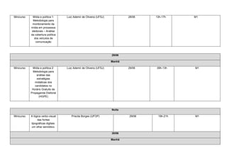 Minicurso     Mídia e política 1:    Luiz Ademir de Oliveira (UFSJ)           28/06   13h-17h    M1
              Metodologia para
             monitoramento da
            mídia em processos
             eleitorais – Análise
            da cobertura política
               dos veículos de
                comunicação



                                                                      29/06

                                                                      Manhã

Minicurso    Mídia e política 2:     Luiz Ademir de Oliveira (UFSJ)           29/06   09h-13h    M1
              Metodologia para
                análise das
                estratégias
               midiáticas dos
               candidatos no
             Horário Gratuito de
            Propaganda Eleitoral
                  (HGPE)



                                                                      Noite

Minicurso   A lógica verbo-visual       Priscila Borges (UFOP)                29/06    19h-21h   M1
                 das fontes
            tipográficas digitais:
            um olhar semiótico.

                                                                      30/06

                                                                      Manhã
 