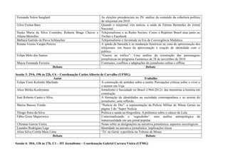 Fernanda Nalon Sanglard                                As eleições presidenciais no JN: análise de conteúdo da cobertura política
                                                        do telejornal em 2010
 Gilze Freitas Bara                                     Quando o telejornal vira notícia: a saída de Fátima Bernardes do Jornal
                                                        Nacional
 Iluska Maria da Silva Coutinho, Roberta Braga Chaves e Telejornalismo e as Redes Sociais: Como o Repórter Brasil atua junto ao
 Allana Meirelles                                       Twitter e Facebook
 Bárbara Garrido de Paiva Schlaucher                    Telejornalismo e Juventude na Era da Convergência Midiática
 Renata Venise Vargas Pereira                           A queda da bancada e as mudanças históricas na cena de apresentação dos
                                                        telejornais: em busca da aproximação e criação de identidade com o
                                                        público
 Felipe Melo dos Santos                                 “Guerra ao tráfico”: Uma análise da construção das personagens
                                                        jornalísticas no programa Fantástico de 28 de novembro de 2010
 Mayra Fernanda Ferreira                                Contrastes, conflitos e adaptações do jornalismo online e offline
                           Debate                                                          Debate

Sessão 3: 29/6, 19h às 22h, C6 – Coordenação Carlos Alberto de Carvalho (UFMG)
                             Autor                                                             Trabalho
 Felipe Viero Kolinski Machado                               A construção de sentidos sobre a morte: Percepções críticas sobre o viver e
                                                             o morrer em Veja
 Alice Mitika Koshiyama                                      Jornalismo e Sociedade no Brasil (1964-2012): das memórias à história em
                                                             construção
 José Roberto Castro e Silva                                 A formação de identidades na sociedade contemporânea e as teorias do
                                                             jornalismo, uma reflexão
 Marise Baesso Tristão                                       “Notícia do Dia”: a representação da Polícia Militar de Minas Gerais na
                                                             página 3 do “Super Notícia
 Thiago Petra da Silva                                       Política e saúde na blogosfera: A polêmica sobre o câncer de Lula
 Fábio Grotz Majerowicz                                      Contextualizando o ‘segredinho’: uma análise antropológica da
                                                             transexualidade em um jornal popular
 Ubiratan Garcia Vieira                                      Notas sobre as designações na narrativa jornalística: aspectos sociológicos
 Leandro Rodrigues Lage                                      Identidade na narrativa jornalística: implicações éticas
 Aline Silva Corrêa Maia Lima                                ‘Tá’ na Geral: a periferia na Tribuna de Minas
                            Debate                                                               Debate

Sessão 4: 30/6, 13h às 17h, C1 – DT Jornalismo – Coordenação Gabriel Carrara Vieira (UFMG)
 