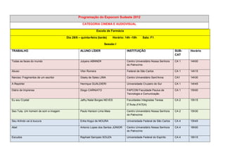 Programação do Expocom Sudeste 2012

                                                 CATEGORIA CINEMA E AUDIOVISUAL

                                                              Escola de Farmácia

                                     Dia 28/6 – quinta-feira (tarde)     Horário: 14h -18h     Sala: F1

                                                                   Sessão I

TRABALHO                                       ALUNO LÍDER                         INSTITUIÇÃO                          SUB-   Horário
                                                                                                                        CAT

Todas as faces do mundo                        Julyano ABNNER                      Centro Universitário Nossa Senhora   CA 1   14h00
                                                                                   do Patrocínio

Abuso                                          Vitor Romera                        Federal de São Carlos                CA 1   14h15

Narciso: Fragmentos de um escritor             Gisely de Sales LIMA                Centro Universitário Sant’Anna       CA1    14h30

A Repórter                                     Henrique GUALDIERI                  Universidade Cruzeiro do Sul         CA 1   14h45

Diário de Imprensa                             Diogo CARNIATO                      FAPCOM Faculdade Paulus de           CA 1   15h00
                                                                                   Tecnologia e Comunicação

Eu sou Crystal                                 Jafhy Natal Borges NEVES            Faculdades Integradas Teresa         CA 2   15h15
                                                                                   D‟Ávila (FATEA)

Seo Tuta, Um homem de som e imagem             Paulo Harison Lima Maia             Centro Universitário Nossa Senhora   CA 2   15h30
                                                                                   do Patrocínio

Seu Arlindo vai à loucura                      Erika Kogui de MOURA                Universidade Federal de São Carlos   CA 4   15h45

Abel                                           Antonio Lopes dos Santos JÚNIOR     Centro Universitário Nossa Senhora   CA 4   16h00
                                                                                   do Patrocínio

Escudos                                        Raphael Sampaio SOUZA               Universidade Federal do Espírito     CA 4   16h15
 