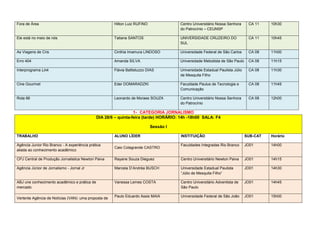 Fora de Área                                          Hilton Luiz RUFINO              Centro Universitário Nossa Senhora      CA 11    10h30
                                                                                      do Patrocínio – CEUNSP

Ele está no meio de nós                               Tatiana SANTOS                  UNIVERSIDADE CRUZEIRO DO                CA 11    10h45
                                                                                      SUL

As Viagens de Cris                                    Cinthia Imamura LINDOSO         Universidade Federal de São Carlos      CA 08    11h00

Erro 404                                              Amanda SILVA                    Universidade Metodista de São Paulo     CA 08    11h15

Interprograma Link                                    Flávia Battistuzzo DIAS         Universidade Estadual Paulista Júlio    CA 08    11h30
                                                                                      de Mesquita Filho

Cine Gourmet                                          Eder DOMARADZKI                 Faculdade Paulus de Tecnologia e        CA 08    11h45
                                                                                      Comunicação

Rota 66                                               Leonardo de Moraes SOUZA        Centro Universitário Nossa Senhora      CA 08    12h00
                                                                                      do Patrocínio

                                                                 1- CATEGORIA JORNALISMO
                                              DIA 28/6 – quinta-feira (tarde) HORÁRIO: 14h -18h00 SALA: F4

                                                                           Sessão I

TRABALHO                                              ALUNO LÍDER                     INSTITUIÇÃO                            SUB-CAT   Horário

Agência Junior Rio Branco - A experiência prática                                     Faculdades Integradas Rio Branco       JO01      14h00
                                                      Caio Colagrande CASTRO
aliada ao conhecimento acadêmico

CPJ Central de Produção Jornalistica Newton Paiva     Rayane Souza Dieguez            Centro Universitário Newton Paiva      JO01      14h15

Agência Júnior de Jornalismo - Jornal Jr              Marcela D’Andréa BUSCH          Universidade Estadual Paulista         JO01      14h30
                                                                                      “Júlio de Mesquita Filho”

ABJ une conhecimento acadêmico e prática de           Vanessa Lemes COSTA             Centro Universitário Adventista de     JO01      14h45
mercado                                                                               São Paulo

                                                      Paulo Eduardo Assis MAIA        Universidade Federal de São João       JO01      15h00
Vertente Agência de Notícias (VAN): uma proposta de
 