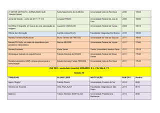 3° SETOR EM PAUTA: JORNALISMO QUE                       Karla Nascimento de ALMEIDA      Universidade Vale do Rio Doce       JO09      15h45
TRANSFORMA

Jornal de Estudo - Junho de 2011 / nº 214               Laryssa PRADO                    Universidade Federal de Juiz de     JO09      16h00
                                                                                         Fora

OutrOlhar-Fotografia: em busca de uma valorização de    Lauzemir CARVALHO                Universidade Federal de Viçosa      JO09      16h15
imagens

Oficina da Informação                                   Camilla Lisboa SILVA             Faculdades Integradas Rio Branco    JO10      16h30

Revista Território Multicultural                        Bruno Ferreira de FREITAS        Universidade do Vale do Sapucaí     JO11      16h45

Revista PH Rolfs: um relato de experiência com          Marcos MEIGRE                    Universidade Federal de Viçosa      JO11      17h00
jornalismo interpretativo

Revista Escolado                                        Paolo Xavier                     Centro Universitário Newton Paiva   JO11      17h15

Almanaque Ilustrado do Jequitinhonha                    Fabíola Carolina de SOUZA        Universidade Federal de Minas       JO11      17h30
                                                                                         Gerais

Revista-Laboratório GIRÔ: olhares plurais para a        Kássio Kennedy Freitas PEREIRA   Universidade Vale do Rio Doce       JO11      17h45
comunicação

                                                 DIA 29/6 – sexta-feira (manhã) HORÁRIO: 8 h -13h SALA: F3

                                                                          Sessão IV

TRABALHO                                                ALUNO LÍDER                      INSTITUIÇÃO                         SUB-CAT   Horário

Agora, Rugby!                                           Camila Ribeiro                   Universidade Cruzeiro do Sul        JO14      8h00

Obreiros de Aruanda                                     Aline FADLALAH                   Faculdades Integradas de São        JO14      8h15
                                                                                         Pedro

Balbinos                                                Tatiane Monteiro BORTOLOZI       Universidade Presbiteriana          JO14      8h30
                                                                                         Mackenzie
 