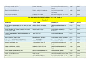 Cariocas de final de semana.                             Nathalia M. Coelho              Universidade Federal Fluminense,    JO 17     12h15
                                                                                         Niterói

Outros olhares sobre a leitura                           Gisllene Rodrigues FERREIRA     Universidade Federal de             JO 17     12h30
                                                                                         Uberlândia

Bem-vindo a Cracolândia!                                 Guilherme Silva LIMA            Faculdades Integradas Rio Branco    JO 17     12h45

                                                  DIA 29/6 – sexta-feira (tarde) HORÁRIO: 14 h -19h SALA: F3

                                                                              Sessão V

TRABALHO                                                 ALUNO LÍDER                     INSTITUIÇÃO                         SUB-CAT   Horário

Na rota da cana: desvendando um mar verde em meio        Daliana da Silva Fernandes      Centro Universitário Barão de       JO 18     14h00
à terra roxa                                                                             Mauá

Circuito Fechado: luta armada e ditadura civil-militar   Caroline Alves Tardioli         Universidade Presbiteriana          JO 18     14h15
brasileira (1964-1988)                                                                   Mackenzie

Programa Iguais: a prática radiofônica e a quebra do     Tayla OLIVEIRA                  Universidade Vila Velha             JO 18     14h30
preconceito

Olho no olho com Miriam Leitão.                          Letícia Bandeira de Castro      Universidade Federal Fluminense     JO 18     14h45

Bullying não é BRINCADEIRA DE CRIANÇA                    Juliana PELOGGIA                Universidade de Taubaté             JO 18     15h00

Prosaico: Histórias de vida                              Tuanny Ferreira da SILVA        Universidade Federal de Ouro        JO19      15h15
                                                                                         Preto

Chaves: o segredo do sucesso                             Wolfgang Queiroz PISTORI        Centro Universitário Barão de       JO 19     15h30
                                                                                         Mauá

Fabíola Molina: um mergulho na vida                      Mayara de Almeida BARBOSA       Universidade de Taubaté             JO 19     15h45

Dossiê: Sou de lugar nenhum                              Lucas Simões                    Centro Universitário Newton Paiva   JO 19     16h00

Música em JF                                             Allana MEIRELLES Vieira         Universidade Federal de Juiz de     JO 19     16h15
 