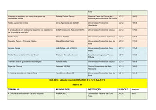 Fora

Vivendo os sentidos: um novo olhar sobre os             Rafaela Freitas Ferron            Sistema Faesa de Educação –         JO12      16h30
deficientes visuais                                                                       Associação Educacional de Vitória

Rádio superando limites                                 Cíntia Aparecida de SOUSA         Universidade Federal de             JO12      16h45
                                                                                          Uberlândia

A produção de um radiojornal esportivo: os bastidores   Erika Fonseca de Azevedo VIEIRA   Universidade Federal de Viçosa      JO12      17h00
de “Esporte de salto alto”

Rádio Porto                                             Mariane ROSSI                     Universidade Católica de Santos     JO12      17h15

Repórter Facom - Primeira Edição                        Allana Meirelles Vieira           Universidade Federal de Juiz de     JO12      17h30
                                                                                          Fora

Lendas Gerais                                           João Felipe Lolli e SILVA         Universidade Federal de Ouro        JO13      17h45
                                                                                          Preto

Rádio Documentário A Voz do Brasil                      Thátia de Carvalho Amorim         Faculdades Integradas Teresa        JO13      18h00
                                                                                          D’Ávila

“Hervê Cordovil: guardando recordações”                 Rafaela Mello                     Universidade Federal de Viçosa      JO13      18h15

Papo de Cinema                                          Natanael VIEIRA                   Centro Universitário de Belo        JO13      18h30
                                                                                          Horizonte

A história do rádio em Juiz de Fora                     Nara Oliveira SALLES              Universidade Federal de Juiz de     JO13      18h45
                                                                                          Fora

                                                 DIA 30/6 – sábado (manhã) HORÁRIO: 8 h -12 h SALA: F3

                                                                            Sessão VI

TRABALHO                                                ALUNO LÍDER                       INSTITUIÇÃO                         SUB-CAT   Horário

A Coluna de ombudsman De olho no ponto                  Ana MALACO                        Universidade Federal de Ouro        JO 20     8h00
                                                                                          Preto
 
