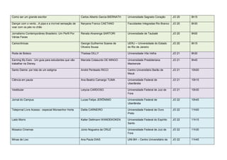 Como ser um grande escritor                            Carlos Alberto Garcia BIERNATH   Universidade Sagrado Coração       JO 20   8h15

Dançar com o vento...A pipa e a incrível sensação de   Naryana Franco CAETANO           Faculdades Integradas Rio Branco   JO 20   8h30
voar com os pés no chão

Jornalismo Contemporâneo Brasileiro: Um Perfil Por     Renata Alvarenga SARTORI         Universidade de Taubaté            JO 20   9h00
Várias Faces

Cariocrônicas                                          George Guilherme Soares de       UERJ ─ Universidade do Estado      JO 20   9h15
                                                       Oliveira Sousa                   do Rio de Janeiro

Roda de Boteco                                         Thaíssa DILLY                    Universidade Vila Velha            JO 21   9h30

Earning My Ears - Um guia para estudantes que vão      Marcela Colasurdo DE MINGO       Universidade Presbiteriana         JO 21   9h45
trabalhar na Disney.                                                                    Mackenzie

Santo Daime: por trás de um estigma                    André Penteado RICCI             Centro Universitário Barão de      JO 21   10h00
                                                                                        Mauá

Ciência em pauta                                       Ana Beatriz Camargo TUMA         Universidade Federal de            JO 21   10h15
                                                                                        Uberlândia

Vestibular                                             Letycia CARDOSO                  Universidade Federal de Juiz de    JO 21   10h30
                                                                                        Fora

Jornal do Campus                                       Lucas Felipe JERÔNIMO            Universidade Federal de            JO 22   10h45
                                                                                        Uberlândia

Telejornal Livre Acesso - especial Monsenhor Horta     Dalila CARNEIRO                  Universidade Federal de Ouro       JO 22   11h00
                                                                                        Preto

Lado Morro                                             Katler Dettmann WANDEKOKEN       Universidade Federal do Espírito   JO 22   11h15
                                                                                        Santo

Mosaico Cinemas                                        Júnio Nogueira da CRUZ           Universidade Federal de Juiz de    JO 22   11h30
                                                                                        Fora

Minas de Lixo                                          Ana Paula DIAS                   UNI-BH – Centro Universitário de   JO 22   11h45
 