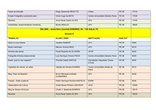 Faces da extinção                                     Diego Aparecido MIGOTTO            Unitau                              PE 05     17h15

Ensaio Fotográfico produzido para...                  Victor Hugo da MATA                Centro Universitário Newton Paiva   PE 05     17h30

Reverso                                               Anna Paula Castro ALVES            UFU                                 PE 09     17h45

Audioslides: experimentando narrativas...             Murilo ARAUJO                      UFV                                 PE 09     18h00

                                       DIA 29/6 – sexta-feira (manhã) HORÁRIO: 8h - 12h SALA: F2

                                                                Sessão II

TRABALHO                                              ALUNO LÍDER                        INSTITUIÇÃO                         SUB-CAT

Qual é a sua história                                 Jocilane RUBERT                    UVV                                 PE 06     8h00

Busto manchado                                        Marcos Vinícius REIS               UFU                                 PE 06     8h15

Sombra das almas                                      Paula Peçanha de OLIVEIRA          UFOP                                PE 06     8h30

Fotografia Artística desenvolvida                     Luiz Henrique Oliveira PAIVA       Centro Universitário Newton Paiva   PE 06     8h45

Brasil: qual é o teu negócio?                         Priscilla Cabett SANTOS            Faculdades Integradas Teresa        PE 06     9h00
                                                                                         D’Ávila

Vigilantes da notícia: um olhar...                    Valcleia de Oliveira SOARES        Centro Universitário Barão de       PE 08     9h15
                                                                                         Mauá

Blog “Papo de Bastidor”...                            Bruno Menezes Andrade              UFV                                 PE 08     9h30
                                                      GUIMARÃES

Pravda – Solte a palavra                              Pedro Henrique Ferreira KASTELIC   ESPM                                PE 08     9h45

Observatório da Cultura                               André Neves Pinheiro AZEVEDO       UFSJ                                PE 08     10h00

Blog do Senso InComum                                 Cindhi V. Belafonte BARROS         UFU                                 PE 08     10h15

Reverso                                               Anna Paula Castro ALVES            UFU                                 PE 09     10h30
 