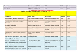 Revista Standart                                      Gabriel Ferreira MONTEIRO       UPM                                  PE 17      12h15

Caixa de Luz                                          Joyce Karla Ferreira CARIS      Unifev                               PE 17      12h30

                                                       4 - CATEGORIA PUBLICIDADE E PROPAGANDA
                                       DIA 29/6 – sexta-feira (tarde) HORÁRIO: 13h -18h SALA: F1

                                                                   Sessão I

  TRABALHO                                            ALUNO LÍDER                     INSTITUIÇÃO                           SUB-CAT   Horário

  Portfólio Agência Laboratório Massan-Z 2011         Diego Vagner Guimarães FRANÇA   Centro Universitário Newton Paiva     PP01      13h00

  Portfólio Agência Júnior De Comunicação             Estêvão de Freitas REIS         Universidade Presbiteriana            PP01      13h15
  Mackenzie                                                                           Mackenzie

  AÊ! Agência Experimental                            Isadora da Silva Prado LEITÃO   Universidade Federal Fluminense       PP01      13h30

  Agência Refinaria                                   Leidiane Maria da SILVA         Centro Universitário de Belo          PP01      13h45
                                                                                      Horizonte

  Agência Sapiens – Experimental de Publicidade e     Michelle Siqueira Figueira de   Universidade Estácio                  PP01      14h00
  Propaganda                                          FREITAS

  TAM na Copa do Mundo De 2014 I have a dream,        Daniel RODRIGUES                Universidade Veiga de Almeida         PP09      14h15
  to watch all games. Yes we can!

  Descubra seu jeito Rolling Stones de ser Calvin     Larissa Weber Pereira LIMA      Centro Universitário Anhanguera de    PP09      14h30
  Klein: a identificação de atitude e comportamento                                   Santo André
  no segmento da moda.

  Análise de anúncio impresso de acordo com           Phellippe Samarone Camargos     Centro Universitário de Belo          PP09      14h45
  estudos da Gestalt Champagne Veuve Cliquot: O       SILVA                           Horizonte
 