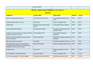 Garcia CASTOR

                                                  DIA 30/6 – sábado (manhã) HORÁRIO: 8h -13h SALA: F1

                                                                           Sessão II

TRABALHO                                             ALUNO LÍDER                       INSTITUIÇÃO                           SUB-CAT   Horário

Bariloche; Simplesmente Delicioso                    Fernando Oliveira de SOUZA        Universidade Metodista de São         PP05      8h00
                                                                                       Paulo

Jingle da Agência Apuana “Tip Top”                   Kelly FAJIN                       Centro Universitário FIEO             PP05      8h15

Jingle Sol gas                                       Marcelo Soares de Albuquerque     Universidade Veiga de Almeida         PP05      8h30
                                                     MELLO

Jingle: Meta Materiais Elétricos                     Renato Araújo GOMES               Faculdade Anhanguera de Santa         PP05      8h45
                                                                                       Bárbara d’Oeste

O jingle como peça chave para a mudança da marca     Vinícius BERTOLLINI               Universidade Presbiteriana            PP05      9h00
do Espaço Unibanco de cinema                                                           Mackenzie

Museu da Língua Portuguesa: qual foi a primeira      Américo Fazio Neto                Pontifícia Universidade Católica de   PP07      9h15
língua na sua boca?                                                                    São Paulo

Não deixe esse futuro acontecer                      Carla MAIA                        Faculdades Integradas Rio Branco      PP07      9h30

Filme publicitário criado para a Campanha de         Dione PETTERSON                   Centro Universitário Newton Paiva     PP07      9h45
Propaganda desenvolvida para a Associação dos
Deficientes Visuais de Belo Horizonte

Percepto Filmes                                      Igor VILELA                       Centro Universitário do Sul de        PP07      10h00
                                                                                       Minas

Filme Publicitário: Transformações PS3               Leonardo RONQUI                   Centro Universitário FIEO             PP07      10h15

O som de uma geração. A voz de uma legião.           Fernando de Almeida ALFARO        Universidade Cruzeiro do Sul          PP10      10h30
 