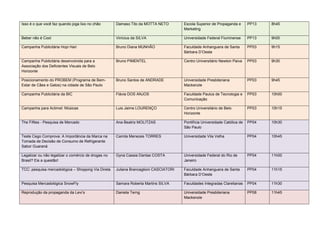 Isso é o que você faz quando joga lixo no chão       Damaso Tito da MOTTA NETO         Escola Superior de Propaganda e       PP13   8h45
                                                                                       Marketing

Beber não é Cool                                     Vinícius da SILVA                 Universidade Federal Fluminense       PP13   9h00

Campanha Publicitária Hopi Hari                      Bruno Diana MUNHÃO                Faculdade Anhanguera de Santa         PP03   9h15
                                                                                       Bárbara D’Oeste

Campanha Publicitária desenvolvida para a            Bruno PIMENTEL                    Centro Universitário Newton Paiva     PP03   9h30
Associação dos Deficientes Visuais de Belo
Horizonte

Posicionamento do PROBEM (Programa de Bem-           Bruno Santos de ANDRADE           Universidade Presbiteriana            PP03   9h45
Estar de Cães e Gatos) na cidade de São Paulo                                          Mackenzie

Campanha Publicitária da BIC                         Flávia DOS ANJOS                  Faculdade Paulus de Tecnologia e      PP03   10h00
                                                                                       Comunicação

Campanha para Actimel: Músicas                       Luis Jaime LOURENÇO               Centro Universitário de Belo          PP03   10h15
                                                                                       Horizonte

The Fifties - Pesquisa de Mercado                    Ana Beatriz MOLITZAS              Pontifícia Universidade Católica de   PP04   10h30
                                                                                       São Paulo

Teste Cego Comprova: A Importância da Marca na       Camila Menezes TORRES             Universidade Vila Velha               PP04   10h45
Tomada de Decisão de Consumo de Refrigerante
Sabor Guaraná

Legalizar ou não legalizar o comércio de drogas no   Gyna Cassia Dantas COSTA          Universidade Federal do Rio de        PP04   11h00
Brasil? Eis a questão!                                                                 Janeiro

TCC: pesquisa mercadológica – Shopping Via Direta    Juliana Brancaglioni CASCIATORI   Faculdade Anhanguera de Santa         PP04   11h15
                                                                                       Bárbara D’Oeste

Pesquisa Mercadológica SnowFly                       Samara Roberta Martins SILVA      Faculdades Integradas Claretianas     PP04   11h30

Reprodução da propaganda da Levi’s                   Daniela Terng                     Universidade Presbiteriana            PP08   11h45
                                                                                       Mackenzie
 