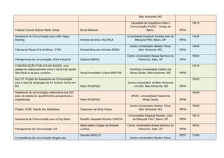 Belo Horizonte, MG

                                                                                          Faculdade de Arquitetura Artes e               14h15
                                                                                          Comunicação (FAAC) – Unesp de
Festival Cultural 20anos Rádio Unesp                Bruna Mantuan                                     Bauru.                      RP03

Assessoria de Comunicação para o Be Happy                                               Universidade Estadual Paulista Júlio de          14h30
Bowling                                             Amanda da Silva VALENÇA                   Mesquita Filho, Bauru, SP           RP04

                                                                                          Centro Universitário Newton Paiva,             14h45
Fábrica de Placas Prá de Minas - FPM                Daniele Benunes Almeida ASSIS                Belo Horizonte, MG               RP04

                                                                                        Centro Universitário Nossa Senhora do            15h00
Planejamento de comunicação: Work Industrial        Gislaine NEREU                              Patrocínio, Salto, SP             RP04

COMUNICAÇÃO PÚBLICA NA SAÚDE: uma                                                                                                        15h15
análise do relacionamento entre o Centro de Saúde                                         Pontifícia Universidade Católica de
São Paulo e os seus usuários                        Paula Fernandes Furbino BRETAS        Minas Gerais, Belo Horizonte, MG        RP05

Azul 27- Projeto de Assessoria de Comunicação                                                                                            15h30
para a obra de ampliação da AV Antonio Carlos em                                        Centro Universitário de Belo Horizonte
BH.                                                 Ailton RESENDE                         – Uni-BH, Belo Horizonte, MG           RP05

Assessoria de comunicação colaborativa dos 200                                                                                           15h45
anos da cidade de Jequitinhonha: perspectivas e                                            UFMG - Universidade Federal de
experiências.                                       Ailton RESENDE                                 Minas Gerais                   RP06

                                                                                          Centro Universitário Newton Paiva,             16h00
Projeto: ICOB: Saindo dos Bastidores                Daisymara da Silva Franco                    Belo Horizonte, MG               RP06

                                                                                         Universidade Estadual Paulista “Júlio           16h15
Assessoria de Comunicação para a Ong Batra          Rodolfo Josepette Nicolosi GARCIA       de Mesquita Filho”, Bauru, SP         RP06

                                                    Maria Isabel Chagas de Almeida      Centro Universitário Nossa Senhora do            16h30
Planejamento de Comunicação: G4                     Luchesi                                     Patrocínio, Salto, SP             RP06

                                                    Danielle ARAÚJO                                                               RP07   17h00
A importância da comunicação dirigida nas                                                 Centro Universitário Newton Paiva,
 