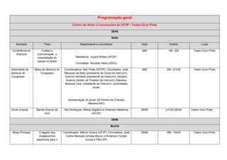 Programação geral
                                              Centro de Artes e Convenções da UFOP - Teatro Ouro Preto

                                                                              28/06

                                                                              Noite

   Atividade           Título                       Responsável e convidados                   Data        Horário             Local

Conferência de        Futebol e                                                                28/6       19h- 20h       Teatro Ouro Preto
  Abertura         Comunicação: a
                   consolidação do               Mediadora: Juçara Brittes (UFOP)
                   campo no Brasil
                                                 Convidado: Ronaldo Helal (UERJ)

Solenidade de    Mesa de abertura do    Coordenadora: Nair Prata (UFOP). Convidados: José      28/6      20h -21h30      Teatro Ouro Preto
abertura do          Congresso          Marques de Melo (presidente de honra da Intercom);
Congresso                               Antonio Hohlfeldt (presidente da Intercom); Adolpho
                                         Queiroz (diretor de Projetos da Intercom); Marialva
                                        Barbosa (vice- presidente da Intercom); autoridades
                                                                locais



                                           Apresentação do grupo Zé Pereira da Chácara
                                                          (Mariana-MG)

Show musical      Banda Groove de      Hila Rodrigues, Milene Migliano e Anderson Medeiros     28/06     21h30-22h30   Teatro Ouro Preto
                       Vinil                                  (UFOP)

                                                                              29/06

                                                                             Manhã

Mesa Principal      O legado dos       Coordenador: Márcio Guerra (UFJF). Convidados: José     29/06     09h- 10h45      Teatro Ouro Preto
                    megaeventos          Carlos Marques (Unesp-Bauru) e Anderson Gurgel
                  esportivos para o                     (Unisa e FMU-SP)
 