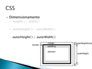  Dimensionamento
◦ .height( ) / .width( )
◦ .innerHeight( ) / .innerWidth( )
◦ .outerHeight( ) / .outerWidth( )
 