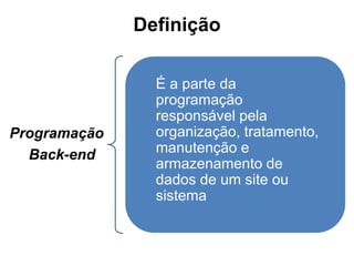 Definição
Programação
Back-end
É a parte da
programação
responsável pela
organização, tratamento,
manutenção e
armazenamento de
dados de um site ou
sistema
 