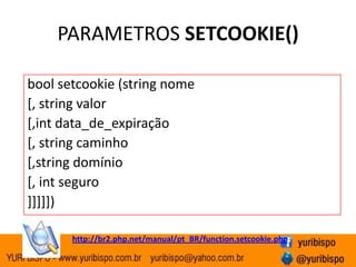 PARAMETROS SETCOOKIE()boolsetcookie (string nome[, string valor [,intdata_de_expiração[, string caminho [,stringdomínio [, intseguro]]]]])http://br2.php.net/manual/pt_BR/function.setcookie.php