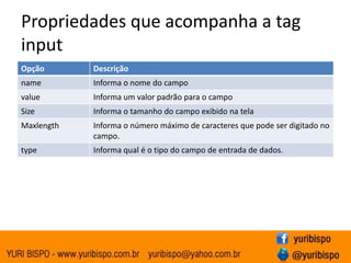 Propriedades que acompanha a tag
input
Opção       Descrição
name        Informa o nome do campo
value       Informa um valor padrão para o campo
Size        Informa o tamanho do campo exibido na tela
Maxlength   Informa o número máximo de caracteres que pode ser digitado no
            campo.
type        Informa qual é o tipo do campo de entrada de dados.
 