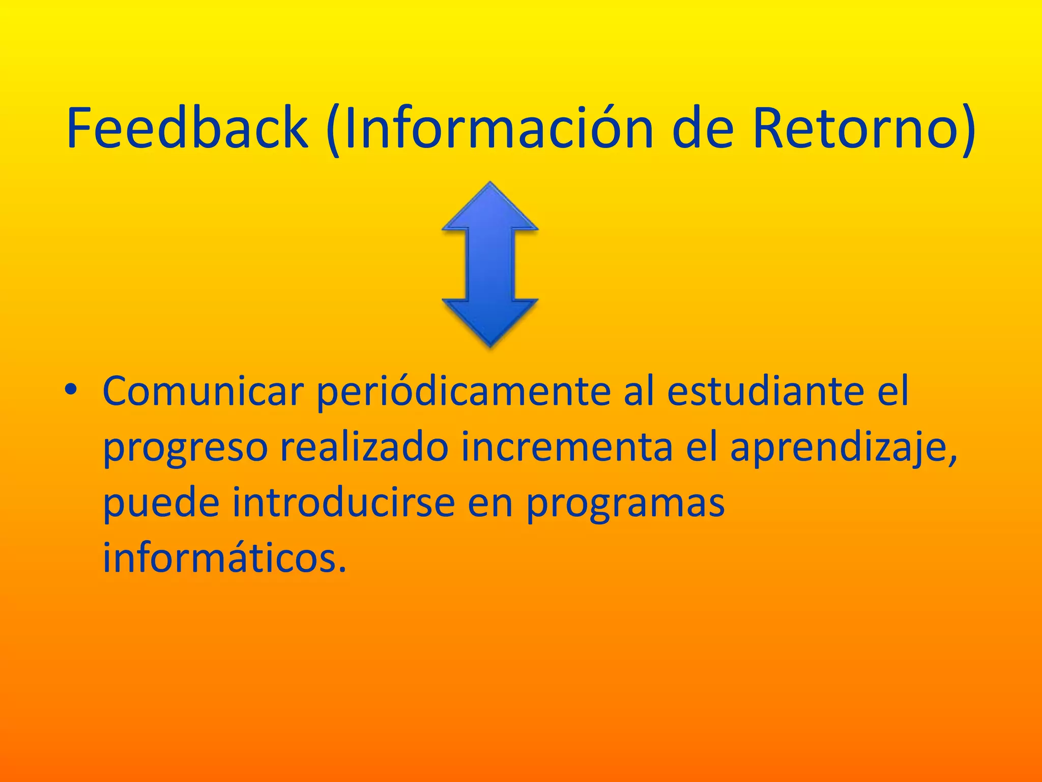 Feedback (Información de Retorno)



• Comunicar periódicamente al estudiante el
  progreso realizado incrementa el aprendizaje,
  puede introducirse en programas
  informáticos.
 