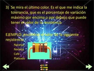 3) Se mira el último color. Es el que me indica la
   tolerancia, que es el porcentaje de variación
   máximo por encima o por debajo que puede
   tener el valor de la resistencia

EJEMPLO: encontrar el valor de la siguiente
resistencia
     Naranja
     Naranja
     Café
     Plateado
 