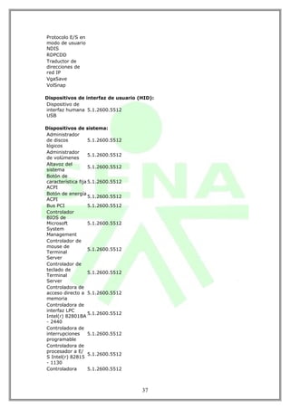 Protocolo E/S en
modo de usuario
NDIS
RDPCDD
Traductor de
direcciones de
red IP
VgaSave
VolSnap

Dispositivos de interfaz de usuario (HID):
Dispositivo de
interfaz humana 5.1.2600.5512
USB

Dispositivos de sistema:
Administrador
de discos           5.1.2600.5512
lógicos
Administrador
                    5.1.2600.5512
de volúmenes
Altavoz del
                    5.1.2600.5512
sistema
Botón de
característica fija 5.1.2600.5512
ACPI
Botón de energía
                    5.1.2600.5512
ACPI
Bus PCI             5.1.2600.5512
Controlador
BIOS de
Microsoft           5.1.2600.5512
System
Management
Controlador de
mouse de
                    5.1.2600.5512
Terminal
Server
Controlador de
teclado de
                    5.1.2600.5512
Terminal
Server
Controladora de
acceso directo a 5.1.2600.5512
memoria
Controladora de
interfaz LPC
                    5.1.2600.5512
Intel(r) 82801BA
- 2440
Controladora de
interrupciones      5.1.2600.5512
programable
Controladora de
procesador a E/
                    5.1.2600.5512
S Intel(r) 82815
- 1130
Controladora        5.1.2600.5512



                                     37
 