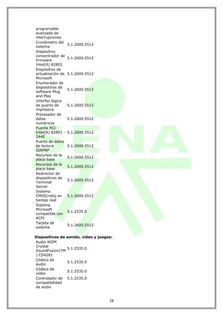 programable
avanzado de
interrupciones
Cronómetro del
                   5.1.2600.5512
sistema
Dispositivo
concentrador de
                   5.1.2600.5512
firmware
Intel(R) 82802
Dispositivo de
actualización de   5.1.2600.5512
Microsoft
Enumerador de
dispositivos de
                   5.1.2600.5512
software Plug
and Play
Interfaz lógica
de puerto de       5.1.2600.5512
impresora
Procesador de
datos              5.1.2600.5512
numéricos
Puente PCI
Intel(R) 82801 -   5.1.2600.5512
244E
Puerto de datos
de lectura         5.1.2600.5512
ISAPNP
Recursos de la
                   5.1.2600.5512
placa base
Recursos de la
                   5.1.2600.5512
placa base
Redirector de
dispositivos de
                   5.1.2600.5512
Terminal
Server
Sistema
CMOS/reloj en      5.1.2600.5512
tiempo real
Sistema
Microsoft
                   5.1.2535.0
compatible con
ACPI
Tarjeta de
                   5.1.2600.5512
sistema

Dispositivos de sonido, vídeo y juegos:
Audio WDM
Crystal
                5.1.2535.0
SoundFusion(TM
) CS4281
Códecs de
                5.1.2535.0
audio
Códecs de
                5.1.2535.0
vídeo
Controlador de 5.1.2535.0
compatibilidad
de audio


                                     38
 