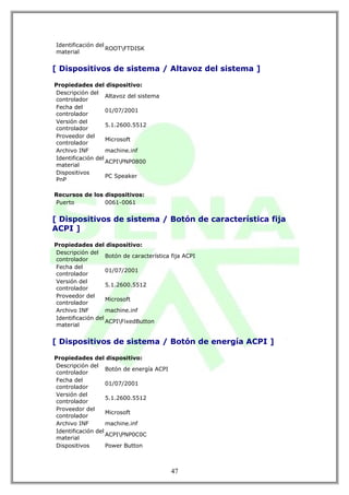 Identificación del
                   ROOTFTDISK
material


[ Dispositivos de sistema / Altavoz del sistema ]

Propiedades del dispositivo:
Descripción del
                   Altavoz del sistema
controlador
Fecha del
                   01/07/2001
controlador
Versión del
                   5.1.2600.5512
controlador
Proveedor del
                   Microsoft
controlador
Archivo INF        machine.inf
Identificación del
                   ACPIPNP0800
material
Dispositivos
                   PC Speaker
PnP

Recursos de los dispositivos:
Puerto          0061-0061


[ Dispositivos de sistema / Botón de característica fija
ACPI ]

Propiedades del dispositivo:
Descripción del
                   Botón de característica fija ACPI
controlador
Fecha del
                   01/07/2001
controlador
Versión del
                   5.1.2600.5512
controlador
Proveedor del
                   Microsoft
controlador
Archivo INF        machine.inf
Identificación del
                   ACPIFixedButton
material


[ Dispositivos de sistema / Botón de energía ACPI ]

Propiedades del dispositivo:
Descripción del
                   Botón de energía ACPI
controlador
Fecha del
                   01/07/2001
controlador
Versión del
                   5.1.2600.5512
controlador
Proveedor del
                   Microsoft
controlador
Archivo INF        machine.inf
Identificación del
                   ACPIPNP0C0C
material
Dispositivos       Power Button



                                           47
 