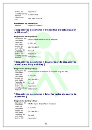 Archivo INF        machine.inf
Identificación del
                   ACPIINT0800
material
Dispositivos
                   Intel Flash EEPROM
PnP

Recursos de los dispositivos:
Memoria         FFB80000-FFBFFFFF


[ Dispositivos de sistema / Dispositivo de actualización
de Microsoft ]

Propiedades del dispositivo:
Descripción del
                   Dispositivo de actualización de Microsoft
controlador
Fecha del
                   01/07/2001
controlador
Versión del
                   5.1.2600.5512
controlador
Proveedor del
                   Microsoft
controlador
Archivo INF        machine.inf
Identificación del
                   rootupdate
material


[ Dispositivos de sistema / Enumerador de dispositivos
de software Plug and Play ]

Propiedades del dispositivo:
Descripción del
                   Enumerador de dispositivos de software Plug and Play
controlador
Fecha del
                   01/07/2001
controlador
Versión del
                   5.1.2600.5512
controlador
Proveedor del
                   Microsoft
controlador
Archivo INF        machine.inf
Identificación del
                   rootswenum
material


[ Dispositivos de sistema / Interfaz lógica de puerto de
impresora ]

Propiedades del dispositivo:
Descripción del
                Interfaz lógica de puerto de impresora
controlador
Fecha del
                01/07/2001
controlador
Versión del
                5.1.2600.5512
controlador
Proveedor del
                Microsoft
controlador
Archivo INF     machine.inf


                                          52
 