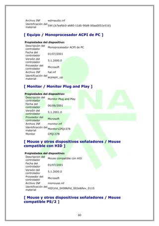 Archivo INF        wdmaudio.inf
Identificación del
                   SW{b7eafdc0-a680-11d0-96d8-00aa0051e51d}
material


[ Equipo / Monoprocesador ACPI de PC ]

Propiedades del dispositivo:
Descripción del
                   Monoprocesador ACPI de PC
controlador
Fecha del
                   01/07/2001
controlador
Versión del
                   5.1.2600.0
controlador
Proveedor del
                   Microsoft
controlador
Archivo INF        hal.inf
Identificación del
                   acpiapic_up
material


[ Monitor / Monitor Plug and Play ]

Propiedades del dispositivo:
Descripción del
                   Monitor Plug and Play
controlador
Fecha del
                   06/06/2001
controlador
Versión del
                   5.1.2001.0
controlador
Proveedor del
                   Microsoft
controlador
Archivo INF        monitor.inf
Identificación del
                   MonitorCPQ1378
material
Monitor            CPQ1378


[ Mouse y otros dispositivos señaladores / Mouse
compatible con HID ]

Propiedades del dispositivo:
Descripción del
                   Mouse compatible con HID
controlador
Fecha del
                   01/07/2001
controlador
Versión del
                   5.1.2600.0
controlador
Proveedor del
                   Microsoft
controlador
Archivo INF        msmouse.inf
Identificación del
                   HIDVid_0458&Pid_002e&Rev_0110
material


[ Mouse y otros dispositivos señaladores / Mouse
compatible PS/2 ]


                                           60
 