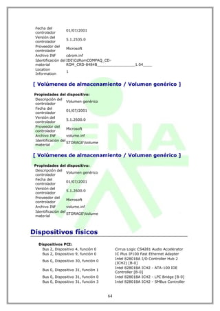 Fecha del
                    01/07/2001
 controlador
 Versión del
                    5.1.2535.0
 controlador
 Proveedor del
                    Microsoft
 controlador
 Archivo INF        cdrom.inf
 Identificación del IDECdRomCOMPAQ_CD-
 material           ROM_CRD-8484B_________________1.04____
 Location
                    1
 Information


[ Volúmenes de almacenamiento / Volumen genérico ]

 Propiedades del dispositivo:
 Descripción del
                    Volumen genérico
 controlador
 Fecha del
                    01/07/2001
 controlador
 Versión del
                    5.1.2600.0
 controlador
 Proveedor del
                    Microsoft
 controlador
 Archivo INF        volume.inf
 Identificación del
                    STORAGEVolume
 material


[ Volúmenes de almacenamiento / Volumen genérico ]

 Propiedades del dispositivo:
 Descripción del
                    Volumen genérico
 controlador
 Fecha del
                    01/07/2001
 controlador
 Versión del
                    5.1.2600.0
 controlador
 Proveedor del
                    Microsoft
 controlador
 Archivo INF        volume.inf
 Identificación del
                    STORAGEVolume
 material



Dispositivos físicos
   Dispositivos PCI:
     Bus 2, Dispositivo 4, función 0         Cirrus Logic CS4281 Audio Accelerator
     Bus 2, Dispositivo 9, función 0         IC Plus IP100 Fast Ethernet Adapter
                                             Intel 82801BA I/O Controller Hub 2
     Bus 0, Dispositivo 30, función 0
                                             (ICH2) [B-0]
                                             Intel 82801BA ICH2 - ATA-100 IDE
     Bus 0, Dispositivo 31, función 1
                                             Controller [B-0]
     Bus 0, Dispositivo 31, función 0        Intel 82801BA ICH2 - LPC Bridge [B-0]
     Bus 0, Dispositivo 31, función 3        Intel 82801BA ICH2 - SMBus Controller



                                        64
 