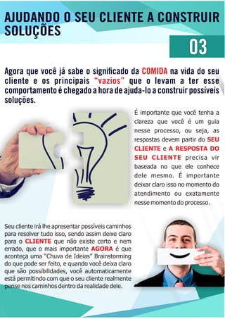 AJUDANDO O SEU CLIENTE A CONSTRUIR
SOLUÇÕES
03
Agora que você já sabe o signiﬁcado da na vida do seuCOMIDA
cliente e os principais que o levam a ter esse“vazios”
comportamentoéchegadoahoradeajuda-loaconstruirpossíveis
soluções.
É importante que você tenha a
clareza que você é um guia
nesse processo, ou seja, as
respostas devem partir do SEU
CLIENTE A RESPOSTA DOe
SEU CLIENTE precisa vir
baseada no que ele conhece
dele mesmo. É importante
deixar claro isso no momento do
atendimento ou exatamente
nesse momento do processo.
Seu cliente irá lhe apresentar possíveis caminhos
para resolver tudo isso, sendo assim deixe claro
para o que não existe certo e nemCLIENTE
errado, que o mais importante é queAGORA
aconteça uma “Chuva de Ideias” Brainstorming
do que pode ser feito, e quando você deixa claro
que são possibilidades, você automaticamente
está permitindo com que o seu cliente realmente
pense nos caminhos dentro da realidade dele.
 