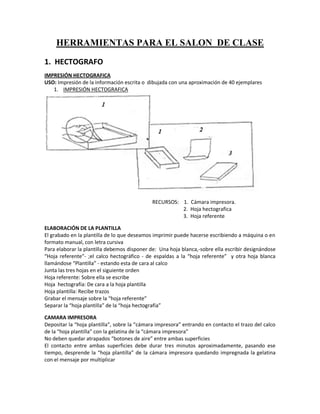 HERRAMIENTAS PARA EL SALON DE CLASE
1. HECTOGRAFO
IMPRESIÓN HECTOGRAFICA
USO: Impresión de la información escrita o dibujada con una aproximación de 40 ejemplares
1. IMPRESIÓN HECTOGRAFICA
RECURSOS: 1. Cámara impresora.
2. Hoja hectografica
3. Hoja referente
ELABORACIÓN DE LA PLANTILLA
El grabado en la plantilla de lo que deseamos imprimir puede hacerse escribiendo a máquina o en
formato manual, con letra cursiva
Para elaborar la plantilla debemos disponer de: Una hoja blanca,-sobre ella escribir designándose
“Hoja referente”- ;el calco hectográfico - de espaldas a la “hoja referente” y otra hoja blanca
llamándose “Plantilla” - estando esta de cara al calco
Junta las tres hojas en el siguiente orden
Hoja referente: Sobre ella se escribe
Hoja hectografía: De cara a la hoja plantilla
Hoja plantilla: Recibe trazos
Grabar el mensaje sobre la “hoja referente”
Separar la “hoja plantilla” de la “hoja hectografía”
CAMARA IMPRESORA
Depositar la “hoja plantilla”, sobre la “cámara impresora” entrando en contacto el trazo del calco
de la “hoja plantilla” con la gelatina de la “cámara impresora”
No deben quedar atrapados “botones de aire” entre ambas superficies
El contacto entre ambas superficies debe durar tres minutos aproximadamente, pasando ese
tiempo, desprende la “hoja plantilla” de la cámara impresora quedando impregnada la gelatina
con el mensaje por multiplicar
 