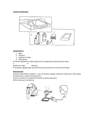 CAMARA IMPRESORA
INGREDIENTES:
1. Agua
2. Glicerina
3. Gelatina sin sabor
4. Ácido fenico
Se mezcla la gelatina sin sabor y glicerina en las siguientes proporciones por peso:
1 6
Gelatina sin sabor Glicerina
Si es posible, agregar gotas de ácido fenico para preservar la mezcla de los hongos.
PREPARACIÓN
Disolver a baño María la gelatina. Una vez disuelta, agregar la glicerina al igual que cuatro gotas
de ácido fenico, revolver continuamente.
Vaciar la mezcla en el recipiente formando la cámara impresora
Enfriar hasta que se endurezca
 