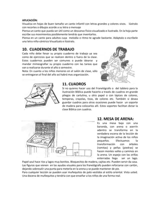 APLICACIÓN:
Visualiza en hojas de buen tamaño un canto infantil con letras grandes y colores vivos. lústralo
con recortes o dibujos acorde a su letra o mensaje
Piensa un canto que pueda ser útil como un descanso físico visualizado e ilustrado. En la hoja parte
escribe sus movimientos posiblemente tendrás que inventarlos.
Piensa en un canto para adultos cuya melodía o ritmo te agrade bastante. Adáptalo o escríbele
una letra niño-céntrico Visualízalo e ilústralo.
10. CUADERNOS DE TRABAJO
Cada niño debe llevar su propio cuaderno de trabajo ya sea
como de ejercicios que se realicen dentro o fuera de la clase.
Estos cuadernos pueden ser comunes o puede idearse y
mandar mimeografiar su propio cuaderno con las tareas que
van a realizarse durante el año o semestre.
Nota: En cuanto a los niños menores en el salón de clase, sólo
se entregaran al final del año así habrá mas organización.
11. CUADROS
Si no quieres hacer uso del Franelógrafo o del tablero para la
ilustración Bíblica puede hacerlo a través de cuadros en grande
pliegos de cartulina, u otro papel o con lápices de colores,
temperas, crayolas, tizas, de colores etc. También si desea
guardar cuadros para otras ocasiones puede hacer un soporte
de madera para colocarlos allí. Estos soportes facilitan dictar la
clase Bíblica con cuadros.
12. MESA DE ARENA:
Es una mesa baja con una
baranda, con arena o aserrín
adentro se transforma en la
verdadera escena de la lección de
la imaginación activa de los niños
pequeños. Efectuamos la
transformación con árboles
(ramitas) y peñas (piedras) se
hacen montes valles y caminos en
la arena. Un espejo con las orillas
enterradas llega ser un lago.
Papel azul hace ríos y lagos muy bonitos. Bloquecitos de madera, cajitas etc. Pueden servir da casa.
Las figuras que vienen en las ayudas visuales para los franelógrafo pueden reforzarse con cartón,
dejando sobresalir una punta para meterla en la arena y se puede mantener de pie.
Para cualquier lección se pueden usar muñequitos de palo vestidos al estilo oriental. Vista usted.
Una docena de muñequitos y tendría con que enseñar a los niños de una forma real.
 
