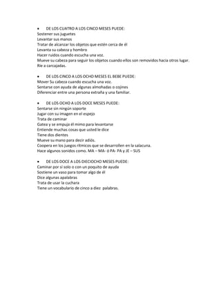 DE LOS CUATRO A LOS CINCO MESES PUEDE:
Sostener sus juguetes
Levantar sus manos
Tratar de alcanzar los objetos que estén cerca de él
Levanta su cabeza y hombro
Hacer ruidos cuando escucha una voz.
Mueve su cabeza para seguir los objetos cuando ellos son removidos hacia otros lugar.
Ríe a carcajadas.
DE LOS CINCO A LOS OCHO MESES EL BEBE PUEDE:
Mover Su cabeza cuando escucha una voz.
Sentarse con ayuda de algunas almohadas o cojines
Diferenciar entre una persona extraña y una familiar.
DE LOS OCHO A LOS DOCE MESES PUEDE:
Sentarse sin ningún soporte
Jugar con su imagen en el espejo
Trata de caminar
Gatea y se empuja él mimo para levantarse
Entiende muchas cosas que usted le dice
Tiene dos dientes
Mueve su mano para decir adiós.
Coopera en los juegos rítmicos que se desarrollen en la salacuna.
Hace algunos sonidos como. MA – MA- ó PA- PA y JE – SUS
DE LOS DOCE A LOS DIECIOCHO MESES PUEDE:
Caminar por sí solo o con un poquito de ayuda
Sostiene un vaso para tomar algo de él
Dice algunas apalabras
Trata de usar la cuchara
Tiene un vocabulario de cinco a diez palabras.
 