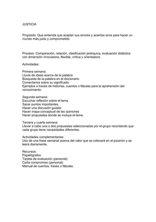 JUSTICIA
Propósito: Que entienda que aceptar sus errores y aciertos sirve para hacer un
mundo más justo y comprometido
Proceso: Comparación, relación, clasificación jerárquica, evaluación didáctica
con dimensión innovadora, flexible, crítica y orientadora.
Actividades:
Primera semana:
Lluvia de ideas acerca de la palabra
Búsqueda de la palabra en el diccionario
Comentarios sobre su significado
Ejemplos a través de historias, cuentos o fábulas para la aprehensión del
conocimiento.
Segunda semana:
Escuchar reflexión sobre el tema
Sacar puntos importantes.
Hacer una discusión guiada
Hacer mapa conceptual de las opiniones
Hacer propuestas donde se incluya el tema.
Tercera y cuarta semana:
Llevar a cabo una o dos propuestas seleccionadas por el grupo recordando que
cada grupo tiene necesidades diferentes.
Actividades complementarias:
Uso de una frase semanal acerca del valor que se colocará en el pizarrón y se
leerá diariamente.
Recursos:
Papalógrafos
Tarjeta de evaluación (personal)
Carta compromiso (personal)
Manual de cuentos, frases o fábulas.
 