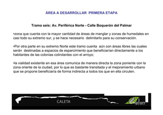 PROYECTO 9

                    ÁREATurismo Sustentable
                        A DESARROLLAR PRIMERA ETAPA


           Tramo seis: Av. Periférica Norte - Calle Boquerón del Palmar

•zona que cuenta con la mayor cantidad de áreas de manglar y zonas de humedales en
casi todo su extremo sur, y se hace necesario delimitarlo para su conservación.

•Por otra parte en su extremo Norte este tramo cuenta aún con áreas libres las cuales
serán destinadas a espacios de esparcimiento que beneficiarían directamente a los
habitantes de las colonias colindantes con el arroyo;

•la vialidad existente en esa área comunica de manera directa la zona poniente con la
zona oriente de la ciudad, por lo que es bastante transitada y el mejoramiento urbano
que se propone beneficiaría de forma indirecta a todos los que en ella circulen.
 