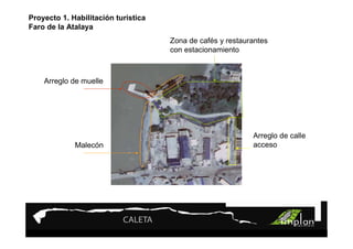 Proyecto 1. Habilitación turística
Faro de la Atalaya
                                     Zona de cafés y restaurantes
                                     con estacionamiento



    Arreglo de muelle




                                                            Arreglo de calle
             Malecón                                        acceso
 