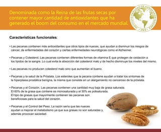 Características funcionales:
• Las pecanas contienen más antioxidantes que otros tipos de nueces, que ayudan a disminuir los riesgos de
cáncer, de enfermedades del corazón y ciertas enfermedades neurológicas como el Alzheimer.
• Pecanas y Colesterol. Las pecanas contienen diferentes formas de vitamina E que protegen de oxidación a
los lípidos de la sangre. Lo cual evita la absorción del colesterol malo y de hecho disminuye los niveles del mismo.
• Las pecanas no producen colesterol malo sino que aumentan el bueno.
• Pecanas y la salud de la Próstata. Los esteroles que la pecana contiene ayudan a tratar los síntomas de
la hiperplasia prostática benigna, la misma que consiste en un alargamiento no canceroso de la próstata.
• Pecanas y el Corazón. Las pecanas contienen una cantidad muy baja de grasa saturada.
El 60% de la grasa que contiene es monosaturada y el 30% es polisaturada.
El tipo de grasas que mayormente contienen las pecanas son
beneﬁciosas para la salud del corazón.
• Pecanas y el Control del Peso. La razón sería que las nueces
ayudan a mejorar el metabolismo ya que sus grasas no son saturadas y,
además provocan saciedad.
Denominada como la Reina de las frutas secas por
contener mayor cantidad de antioxidantes que ha
generado el boom del consumo en el mercado mundial.
 