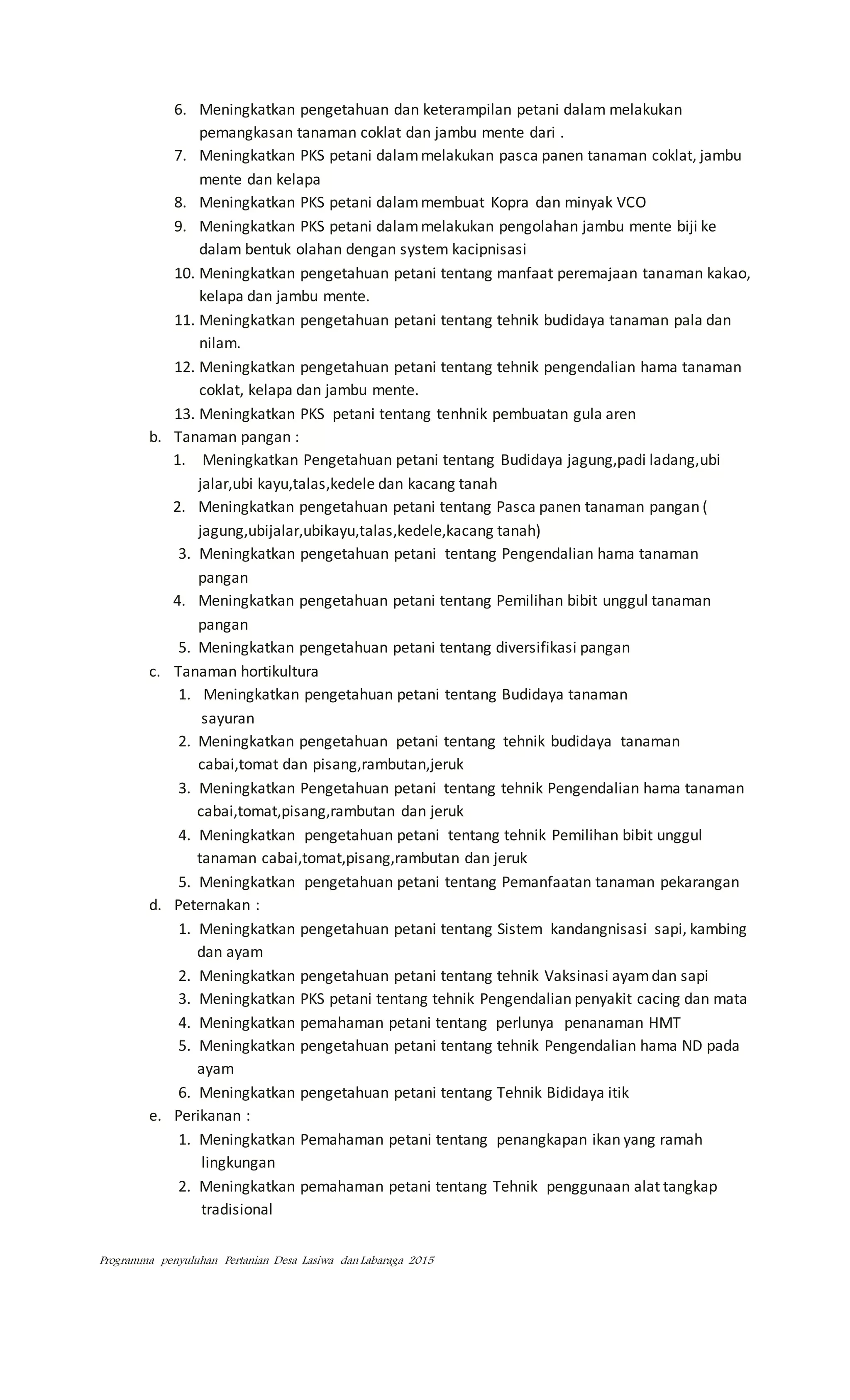 Programma penyuluhan Pertanian Desa Lasiwa dan Labaraga 2015
6. Meningkatkan pengetahuan dan keterampilan petani dalam melakukan
pemangkasan tanaman coklat dan jambu mente dari .
7. Meningkatkan PKS petani dalammelakukan pasca panen tanaman coklat, jambu
mente dan kelapa
8. Meningkatkan PKS petani dalammembuat Kopra dan minyak VCO
9. Meningkatkan PKS petani dalammelakukan pengolahan jambu mente biji ke
dalam bentuk olahan dengan system kacipnisasi
10. Meningkatkan pengetahuan petani tentang manfaat peremajaan tanaman kakao,
kelapa dan jambu mente.
11. Meningkatkan pengetahuan petani tentang tehnik budidaya tanaman pala dan
nilam.
12. Meningkatkan pengetahuan petani tentang tehnik pengendalian hama tanaman
coklat, kelapa dan jambu mente.
13. Meningkatkan PKS petani tentang tenhnik pembuatan gula aren
b. Tanaman pangan :
1. Meningkatkan Pengetahuan petani tentang Budidaya jagung,padi ladang,ubi
jalar,ubi kayu,talas,kedele dan kacang tanah
2. Meningkatkan pengetahuan petani tentang Pasca panen tanaman pangan (
jagung,ubijalar,ubikayu,talas,kedele,kacang tanah)
3. Meningkatkan pengetahuan petani tentang Pengendalian hama tanaman
pangan
4. Meningkatkan pengetahuan petani tentang Pemilihan bibit unggul tanaman
pangan
5. Meningkatkan pengetahuan petani tentang diversifikasi pangan
c. Tanaman hortikultura
1. Meningkatkan pengetahuan petani tentang Budidaya tanaman
sayuran
2. Meningkatkan pengetahuan petani tentang tehnik budidaya tanaman
cabai,tomat dan pisang,rambutan,jeruk
3. Meningkatkan Pengetahuan petani tentang tehnik Pengendalian hama tanaman
cabai,tomat,pisang,rambutan dan jeruk
4. Meningkatkan pengetahuan petani tentang tehnik Pemilihan bibit unggul
tanaman cabai,tomat,pisang,rambutan dan jeruk
5. Meningkatkan pengetahuan petani tentang Pemanfaatan tanaman pekarangan
d. Peternakan :
1. Meningkatkan pengetahuan petani tentang Sistem kandangnisasi sapi, kambing
dan ayam
2. Meningkatkan pengetahuan petani tentang tehnik Vaksinasi ayamdan sapi
3. Meningkatkan PKS petani tentang tehnik Pengendalian penyakit cacing dan mata
4. Meningkatkan pemahaman petani tentang perlunya penanaman HMT
5. Meningkatkan pengetahuan petani tentang tehnik Pengendalian hama ND pada
ayam
6. Meningkatkan pengetahuan petani tentang Tehnik Bididaya itik
e. Perikanan :
1. Meningkatkan Pemahaman petani tentang penangkapan ikan yang ramah
lingkungan
2. Meningkatkan pemahaman petani tentang Tehnik penggunaan alat tangkap
tradisional
 