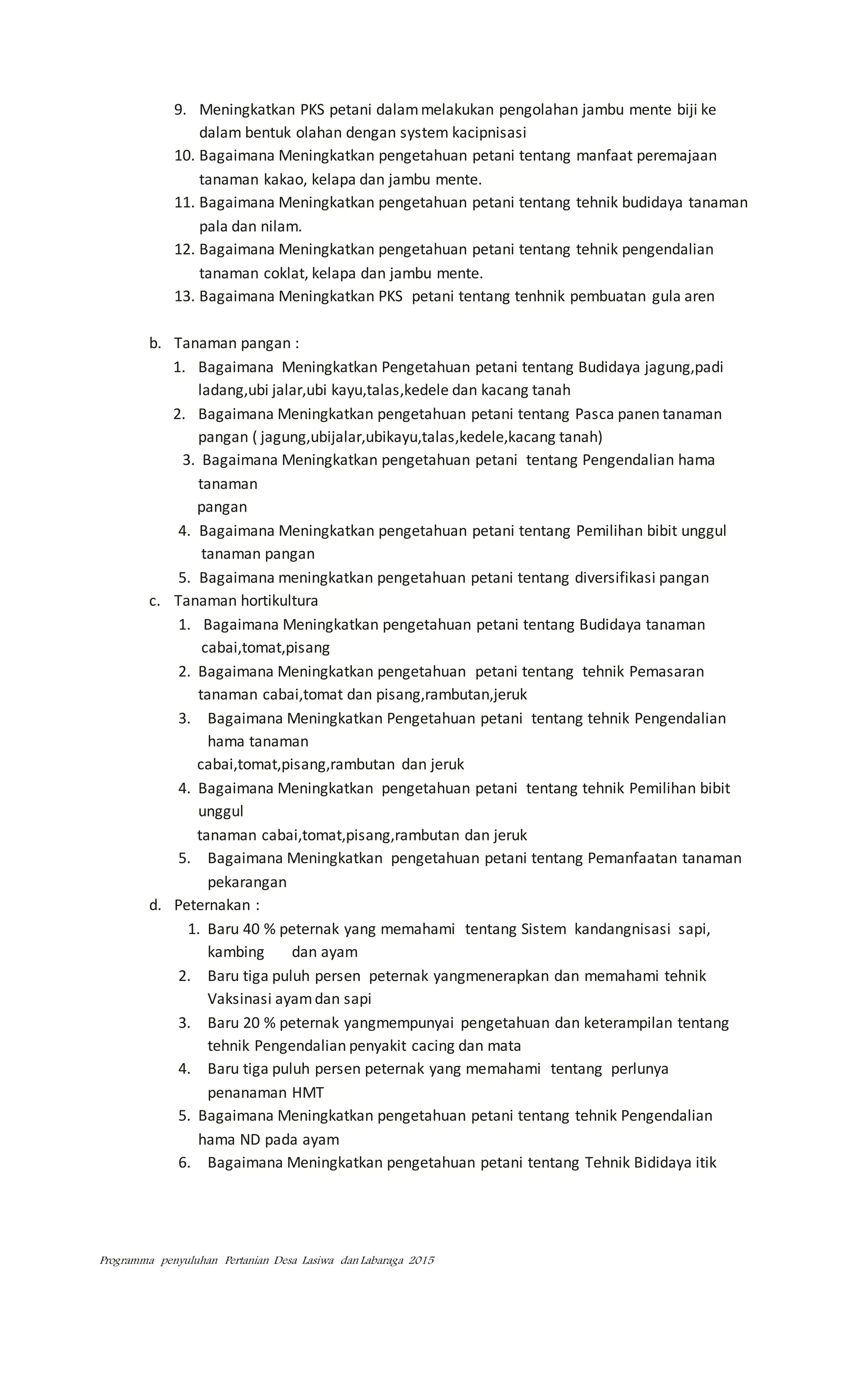 Programma penyuluhan Pertanian Desa Lasiwa dan Labaraga 2015
9. Meningkatkan PKS petani dalammelakukan pengolahan jambu mente biji ke
dalam bentuk olahan dengan system kacipnisasi
10. Bagaimana Meningkatkan pengetahuan petani tentang manfaat peremajaan
tanaman kakao, kelapa dan jambu mente.
11. Bagaimana Meningkatkan pengetahuan petani tentang tehnik budidaya tanaman
pala dan nilam.
12. Bagaimana Meningkatkan pengetahuan petani tentang tehnik pengendalian
tanaman coklat, kelapa dan jambu mente.
13. Bagaimana Meningkatkan PKS petani tentang tenhnik pembuatan gula aren
b. Tanaman pangan :
1. Bagaimana Meningkatkan Pengetahuan petani tentang Budidaya jagung,padi
ladang,ubi jalar,ubi kayu,talas,kedele dan kacang tanah
2. Bagaimana Meningkatkan pengetahuan petani tentang Pasca panen tanaman
pangan ( jagung,ubijalar,ubikayu,talas,kedele,kacang tanah)
3. Bagaimana Meningkatkan pengetahuan petani tentang Pengendalian hama
tanaman
pangan
4. Bagaimana Meningkatkan pengetahuan petani tentang Pemilihan bibit unggul
tanaman pangan
5. Bagaimana meningkatkan pengetahuan petani tentang diversifikasi pangan
c. Tanaman hortikultura
1. Bagaimana Meningkatkan pengetahuan petani tentang Budidaya tanaman
cabai,tomat,pisang
2. Bagaimana Meningkatkan pengetahuan petani tentang tehnik Pemasaran
tanaman cabai,tomat dan pisang,rambutan,jeruk
3. Bagaimana Meningkatkan Pengetahuan petani tentang tehnik Pengendalian
hama tanaman
cabai,tomat,pisang,rambutan dan jeruk
4. Bagaimana Meningkatkan pengetahuan petani tentang tehnik Pemilihan bibit
unggul
tanaman cabai,tomat,pisang,rambutan dan jeruk
5. Bagaimana Meningkatkan pengetahuan petani tentang Pemanfaatan tanaman
pekarangan
d. Peternakan :
1. Baru 40 % peternak yang memahami tentang Sistem kandangnisasi sapi,
kambing dan ayam
2. Baru tiga puluh persen peternak yangmenerapkan dan memahami tehnik
Vaksinasi ayamdan sapi
3. Baru 20 % peternak yangmempunyai pengetahuan dan keterampilan tentang
tehnik Pengendalian penyakit cacing dan mata
4. Baru tiga puluh persen peternak yang memahami tentang perlunya
penanaman HMT
5. Bagaimana Meningkatkan pengetahuan petani tentang tehnik Pengendalian
hama ND pada ayam
6. Bagaimana Meningkatkan pengetahuan petani tentang Tehnik Bididaya itik
 