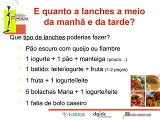 E quanto a lanches a meio
da manhã e da tarde?
Que tipo de lanches poderias fazer?


Pão escuro com queijo ou fiambre



1 iogurte + 1 pão + manteiga



1 batido: leite/iogurte + fruta (1-2 peças)



1 fruta + 1 iogurte/leite



5 bolachas Maria + 1 iogurte/leite



1 fatia de bolo caseiro

(pouca…)

 