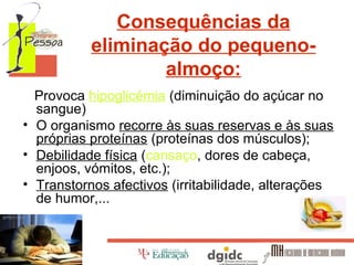 Consequências da
eliminação do pequenoalmoço:
   Provoca hipoglicémia (diminuição do açúcar no 
sangue)
• O organismo recorre às suas reservas e às suas 
próprias proteínas (proteínas dos músculos);
• Debilidade física (cansaço, dores de cabeça, 
enjoos, vómitos, etc.);
• Transtornos afectivos (irritabilidade, alterações 
de humor,...

 