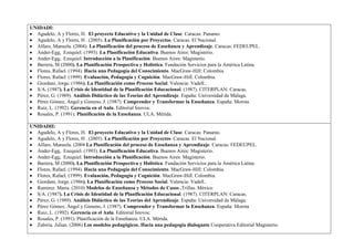 UNIDADI:
  Agudelo, A y Flores, H. El proyecto Educativo y la Unidad de Clase. Caracas: Panamo.
  Agudelo, A y Flores, H . (2005). La Planificación por Proyectos. Caracas. El Nacional.
  Alfaro, Manuela. (2004). La Planificación del proceso de Enseñanza y Aprendizaje. Caracas: FEDEUPEL.
  Ander-Egg, Ezequiel. (1993). La Planificación Educativa. Buenos Aires: Magisterio.
  Ander-Egg, Ezequiel. Introducción a la Planificación. Buenos Aires: Magisterio.
  Barrera, M (2000). La Planificación Prospectiva y Holística. Fundación Servicios para la América Latina.
  Flores, Rafael. (1994). Hacia una Pedagogía del Conocimiento. MacGraw-Hill: Colombia.
  Flores, Rafael. (1999). Evaluación, Pedagogía y Cognición. MacGraw-Hill. Colombia.
  Giordani, Jorge. (1986). La Planificación como Proceso Social. Valencia: Vadell..
  S/A. (1987). La Crisis de Identidad de la Planificación Educacional. (1987). CITERPLAN: Caracas.
  Pérez, G. (1989). Análisis Didáctico de las Teorías del Aprendizaje. España: Universidad de Málaga.
  Pérez Gómez, Ángel y Gimeno, J. (1987). Comprender y Transformar la Enseñanza. España: Morota
  Ruiz, L. (1992). Gerencia en el Aula. Editorial Istovoc.
  Rosales, P. (1991). Planificación de la Enseñanza. ULA. Mérida.

UNIDADII:
  Agudelo, A y Flores, H. El proyecto Educativo y la Unidad de Clase. Caracas: Panamo.
  Agudelo, A y Flores, H . (2005). La Planificación por Proyectos. Caracas. El Nacional.
  Alfaro, Manuela. (2004 La Planificación del proceso de Enseñanza y Aprendizaje. Caracas: FEDEUPEL.
  Ander-Egg, Ezequiel. (1993). La Planificación Educativa. Buenos Aires: Magisterio.
  Ander-Egg, Ezequiel. Introducción a la Planificación. Buenos Aires: Magisterio.
  Barrera, M (2000). La Planificación Prospectiva y Holística. Fundación Servicios para la América Latina.
  Flores, Rafael. (1994). Hacia una Pedagogía del Conocimiento. MacGraw-Hill: Colombia.
  Flores, Rafael. (1999). Evaluación, Pedagogía y Cognición. MacGraw-Hill. Colombia.
  Giordani, Jorge. (1986). La Planificación como Proceso Social. Valencia: Vadell..
  Ramirez. Maria. (2010) Modelos de Enseñanza y Métodos de Casos .Trillas. México
  S/A. (1987). La Crisis de Identidad de la Planificación Educacional. (1987). CITERPLAN: Caracas.
  Pérez, G. (1989). Análisis Didáctico de las Teorías del Aprendizaje. España: Universidad de Málaga.
  Pérez Gómez, Ángel y Gimeno, J. (1987). Comprender y Transformar la Enseñanza. España: Morota
  Ruiz, L. (1992). Gerencia en el Aula. Editorial Istovoc.
  Rosales, P. (1991). Planificación de la Enseñanza. ULA. Mérida.
  Zubiria. Julian. (2006) Los modelos pedagógicos. Hacia una pedagogía dialogante Cooperativa Editorial Magisterio.
 