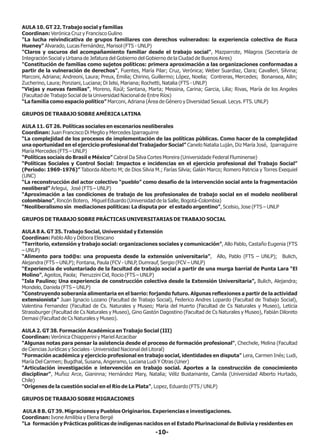 AULA 10. GT 22. Trabajo social y familias
Coordinan: Verónica Cruz y Francisco Gulino
"La lucha reivindicativa de grupos familiares con derechos vulnerados: la experiencia colectiva de Ruca
Hueney" Alvarado, Lucas Fernández, Marisol (FTS - UNLP)
"Claros y oscuros del acompañamiento familiar desde el trabajo social", Mazparrote, Milagros (Secretaría de
Integración Social y Urbana de Jefatura del Gobierno del Gobierno de la Ciudad de Buenos Aires)
"Constitución de familias como sujetos políticos: primera aproximación a las organizaciones conformadas a
partir de la vulneración de derechos", Fuentes, María Pilar; Cruz, Verónica; Weber Suardiaz, Clara; Cavalleri, Silvina;
Marconi, Adriana; Andreoni, Laura; Preux, Emilia; Chirino, Guillermo; López, Noelia; Contreras, Mercedes; Bonansea, Ailin;
Zucherino, Laura; Ponziani, Luciana; Di Ielsi, Mariana; Rochetti, Natalia (FTS - UNLP)
“Viejas y nuevas familias”, Moreno, Raúl; Santana, Marta; Messina, Carina; Garcia, Lilia; Rivas, María de los Angeles
(Facultad de Trabajo Social de la Universidad Nacional de Entre Ríos)
“La familia como espacio político” Marconi, Adriana (Área de Género y Diversidad Sexual. Lecys. FTS. UNLP)
GRUPOS DE TRABAJO SOBRE AMÉRICA LATINA
AULA 11. GT 26. Políticas sociales en escenarios neoliberales
Coordinan: Juan Francisco Di Meglio y Mercedes Iparraguirre
“La complejidad de los procesos de implementación de las políticas públicas. Como hacer de la complejidad
una oportunidad en el ejercicio profesional del Trabajador Social” Canelo Natalia Luján, Diz María José, Iparraguirre
María Mercedes (FTS – UNLP)
“Políticas sociais do Brasil e México” Cabral Da Silva Cortes Moreira (Universidade Federal Fluminense)
“Políticas Sociales y Control Social: Impactos e incidencias en el ejercicio profesional del Trabajo Social”
(Período: 1969-1976)” Taborda Alberto M; de Dios Silvia M.; Farías Silvia; Galán Marco; Romero Patricia y Torres Exequiel
(UNC)
“La reconstrucción del actor colectivo “pueblo” como desafío de la intervención social ante la fragmentación
neoliberal” Arlegui, José (FTS – UNLP)
“Aproximación a las condiciones de trabajo de los profesionales de trabajo social en el modelo neoliberal
colombiano”, Rincón Botero, Miguel Eduardo (Universidad de la Salle, Bogotá-Colombia)
“Neoliberalismo sin mediaciones políticas: La disputa por el estado argentino”, Scelsio, Jose (FTS – UNLP
GRUPOS DE TRABAJO SOBRE PRÁCTICAS UNIVERSITARIAS DE TRABAJO SOCIAL
AULA 8 A. GT 35. Trabajo Social, Universidad y Extensión
Coordinan: Pablo Allo y Débora Elescano
“Territorio, extensión y trabajo social: organizaciones sociales y comunicación”, Allo Pablo, Castaño Eugenia (FTS
– UNLP)
“Alimento para tod@s: una propuesta desde la extensión universitaria”, Allo, Pablo (FTS – UNLP); Bulich,
Alejandra (FTS – UNLP); Fontana, Paula (FCV - UNLP, Dumrauf, Sergio (FCV – UNLP)
“Experiencia de voluntariado de la facultad de trabajo social a partir de una murga barrial de Punta Lara “El
Molino”, Ageitos, Paola; Pieruzzini Cid, Rocio (FTS – UNLP)
“Isla Paulino; Una experiencia de construcción colectiva desde la Extensión Universitaria”, Bulich, Alejandra;
Mondelo, Daniela (FTS – UNLP)
“Construyendo soberanía alimentaria en el barrio: forjando futuro. Algunas reflexiones a partir de la actividad
extensionista” Juan Ignacio Lozano (Facultad de Trabajo Social), Federico Andres Lopardo (Facultad de Trabajo Social),
Valentina Fernandez (Facultad de Cs. Naturales y Museo; Maria del Huerto (Facultad de Cs Naturales y Museo), Leticia
Strassburger (Facultad de Cs Naturales y Museo), Gino Gastón Dagostino (Facultad de Cs Naturales y Museo), Fabián Diloreto
Demasi (Facultad de Cs Naturales y Museo).
AULA 2. GT 38. Formación Académica en Trabajo Social (III)
Coordinan: Verónica Chiapperini y Mariel Azcacibar
"Algunas notas para pensar la asistencia desde el proceso de formación profesional", Chechele, Melina (Facultad
de Ciencias Jurídicas y Sociales - Universidad Nacional del Litoral)
"Formación académica y ejercicio profesional en trabajo social, identidades en disputa" Lera, Carmen Inés; Ludi,
María Del Carmen; Bugdhal, Susana, Angeramo, Luciana Ludi Y Otras (Uner)
"Articulación investigación e intervención en trabajo social. Aportes a la construcción de conocimiento
disciplinar", Muñoz Arce, Gianinna; Hernández Mary, Natalia; Véliz Bustamante, Camila (Universidad Alberto Hurtado,
Chile)
"Orígenes de la cuestión social en el Río de La Plata", Lopez, Eduardo (FTS / UNLP)
GRUPOS DE TRABAJO SOBRE MIGRACIONES
AULA 8 B. GT 39. Migraciones y Pueblos Originarios. Experiencias e investigaciones.
Coordinan: Ivone Amilibia y Elena Bergé
"La formación y Prácticas políticas de indígenas nacidos en el Estado Plurinacional de Bolivia y residentes en
-10-
 