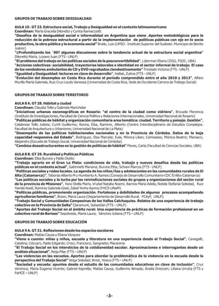 -3-
GRUPOS DE TRABAJO SOBRE DESIGUALDAD
AULA 10 . GT 23. Estructura social, Trabajo y Desigualdad en el contexto latinoamericano
Coordinan: María Graciela Diloretto y Cyntia Ramacciotti
“Desafíos de la desigualdad social e informalidad en Argentina que viene .Aportes metodológicos para la
reducción de la pobreza estructural a partir de la implementación de políticas públicas con eje en lo socio
productivo, la obra pública y la economía social” Braile, Luis (UPSO - Instituto Superior del Sudeste .Municipio de Benito
Juárez)
"¿Profundizando los ´90? algunas discusiones sobre la tendencia actual de la estructura social argentina"
Diloretto María, Lozano Juan (FTS - UNLP)
"El problema del trabajo en las políticas sociales de la posconvertibilidad", Lijterman Eliana (IIGG, FSOC, UBA)
"Acciones colectivas: sociabilidad, trayectorias laborales e identidad en el sector informal de trabajo. El caso
de los vendedores ambulantes de CD y DVD regrabados clandestinamente" Trindade Victoria (FTS - UNLP)
"Igualdad y Desigualdad: lecturas en clave de desarrollo", Hallak, Zulma (FTS - UNLP)
"Evolución del desempleo en Costa Rica durante el periodo comprendido entre el año 2010 y 2013", Alfaro
Murillo María Gabriela, Ruiz Cruz Leudy Vanessa (Universidad de Costa Rica, Sede de Occidente Carrera de Trabajo Social)
GRUPOS DE TRABAJO SOBRE TERRITORIO
AULA 8 A. GT 28. Hábitat y ciudad
Coordinan: Claudia Tello y Gabriela Marichelar
"Iniciativas urbanas escenográficas en Rosario: "el centro de la ciudad como vidriera", Brizuela Florencia
(Instituto de Investigaciones, Facultad de Ciencia Política y Relaciones Internacionales, Universidad Nacional de Rosario)
"Políticas públicas de hábitat y organización comunitaria area temática: ciudad. Territorio y paisaje. Gestión",
Calabrese Tello Julieta; Curtit Guillermo; Rovira, Elsa, Ramírez, Alberto (Centro Interdisciplinario de Estudios Complejos.
Facultad de Arquitectura y Urbanismo, Universidad Nacional de La Plata)
"Desempeño de las políticas habitacionales nacionales y en la Provincia de Córdoba. Datos de la baja
capacidad responsiva del Estado", Rodríguez, Elsa Marcela; Eula, Mónica Lilian; Camisasso, Mónica Beatriz; Maniacci,
Alejandro (Escuela de Trabajo Social. Universidad Nacional de Córdoba)
"Cambios desestructurantes en la gestión de políticas de hábitat" Flores, Carla (Facultad de Ciencias Sociales, UBA)
AULA 8 B. GT 29. Ruralidad y Políticas Públicas
Coordinan: Elba Burone y Pablo Diotto
"Trabajo agrario en el Gran La Plata: condiciones de vida, trabajo y nuevos desafíos desde las políticas
públicas en el contexto actual", Gabrinetti Mariana; Burone Elba; Schiavi Marcos (FTS - UNLP)
"Políticas sociales y redes locales. La agenda de los niños/ñas y adolescentes en las comunidades rurales de El
Alto (Catamarca)", Taborda Alberto M y Humberto A. Ramos (Consejo de Desarrollo Comunitario-CDC El Alto-Catamarca)
"Las políticas sociales y la lucha por las reivindicaciones sociales de grupos y organizaciones del sector rural
de la provincia de Misiones", Yano Stella Maris, Vrubel Natalia Noemí, Barrios María Adela, Rotela Stefanía Soledad, Ruiz
Yamila Noelí, Ramirez Gabriela Gisel, Zabel Yenhy Karina (FHCS-UNaM)
“Políticas públicas, promoviendo organización. Fortalezas y debilidades de algunos procesos acompañando
agricultores familiares”, Bravo, Maria Laura (Departamento de Desarrollo Rural. FCAyF, UNLP).
“Trabajo Social y Comunidades Campesinas de los Valles Calchaquíes. Relatos de una experiencia de trabajo
colectivo en la Provincia de Salta” Claramunt, Sebastián (FTS – UNLP)
“Aportes del Trabajo Social en el ámbito rural: Una experiencia de prácticas de formación profesional en un
colectivo rural de Berisso” Sepúlveda, María Laura; Sánchez Juliana (FTS – UNLP)
GRUPOS DE TRABAJO SOBRE EDUCACIÓN
AULA 9 A. GT 31. Reflexiones desde los espacios escolares
Coordinan: Matías Causa y Eliana Vázquez
“Viene a cuento: niñas y niños, escuela y literatura en una experiencia desde el Trabajo Social”, Canegalli,
Catalina; Cóccaro, Pablo Edgardo; Crisci, Francisco; Sangrador, Macarena
“El Trabajo Social en los intersticios de la cotidianeidad escolar. Aproximaciones e interrogantes desde un
análisis situacional”, Reija Pilar (FTS – UNLP)
“Las violencias en las escuelas. Aportes para abordar la problemática de la violencia en la escuela desde la
perspectiva del Trabajo Social” Veiga Soledad; Brest, Yesica (FTS – UNLP)
“Sociedad y escuela: apuntes desde el estudio de las comunidades educativas en clave de inclusión”, Cruz
Verónica; María Eugenia Vicente; Gabriel Asprella; Matías Causa; Guillermo Almada; Analía Dreizzen; Liliana Urrutia (FTS y
FaHCE – UNLP)
 