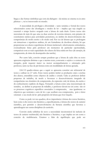  

língua e das formas simbólicas que com ela dialogam – da música ao cinema ou às artes
plásticas –, vai-se inscrevendo no mundo.

        A necessidade de privilegiar a diversidade – tanto temática e formal dos textos
seleccionados como das abordagens e modos de ler – implica que seja cingido ao
essencial o tempo lectivo ocupado com a leitura de cada título. Certos textos não
necessitam de mais do que uma ou duas sessões de noventa minutos, sem prejuízo de
constituírem núcleos para actividades posteriores, no âmbito do desenvolvimento das
competências do modo escrito e do modo oral. Em vez de leituras que se prolongam
em minuciosas e repetitivas análises, de um formalismo de duvidosa eficácia, há que
proporcionar aos alunos experiências de leitura intelectual e afectivamente estimulantes,
eventualmente feitas pelo professor em momentos de particular oportunidade,
compatíveis com as reais capacidades dos alunos da faixa etária em foco (de atenção, de
compreensão, de ritmo de desempenho das tarefas).

       Por outro lado, convém sempre ponderar que a leitura de cada obra ou texto
apresenta exigências distintas e que o mesmo texto, consoante o sujeito e o contexto de
recepção, pode requerer maior ou menor acompanhamento e orientação pelo
professor, tanto na fase de pré-leitura como em modalidades de leitura apoiada.

       2.4.4 O quadro-síntese que a seguir se apresenta constitui um referencial de
textos a utilizar no 2.º ciclo. Estes textos podem incluir as produções orais e escritas
dos alunos, entendidas como objectos de análise e estudo. Cabe ao professor definir
propostas de trabalho, de modo a favorecer o desenvolvimento integrado de
competências nos domínios da compreensão, da expressão oral, da leitura, da escrita e
do conhecimento explícito da língua. Tomando a leitura como uma (re)construção de
sentidos, ao definir as propostas de trabalho, o professor deverá ter em conta não só
os processos cognitivos específicos associados à compreensão, mas igualmente os
objectivos que norteiam o acto de ler e que auxiliam essa compreensão, pois o leitor
orientará o seu modo de ler pelo propósito de leitura que tiver traçado.

        Como se pode ver nos quadros, dá-se importância à leitura dos textos literários,
bem como à dos textos não literários e, especificamente, à leitura dos textos de carácter
científico, por permitir o desenvolvimento da literacia científica que favorece a
aprendizagem nas outras disciplinas do currículo.

       Convém ainda sublinhar de novo a necessidade incontornável de inclusão de
textos de carácter multimodal, não literários e literários, o que implica ter em conta o
conceito de multiliteracia. Estamos a falar de significação que pode ser



                                                                                     103
 
